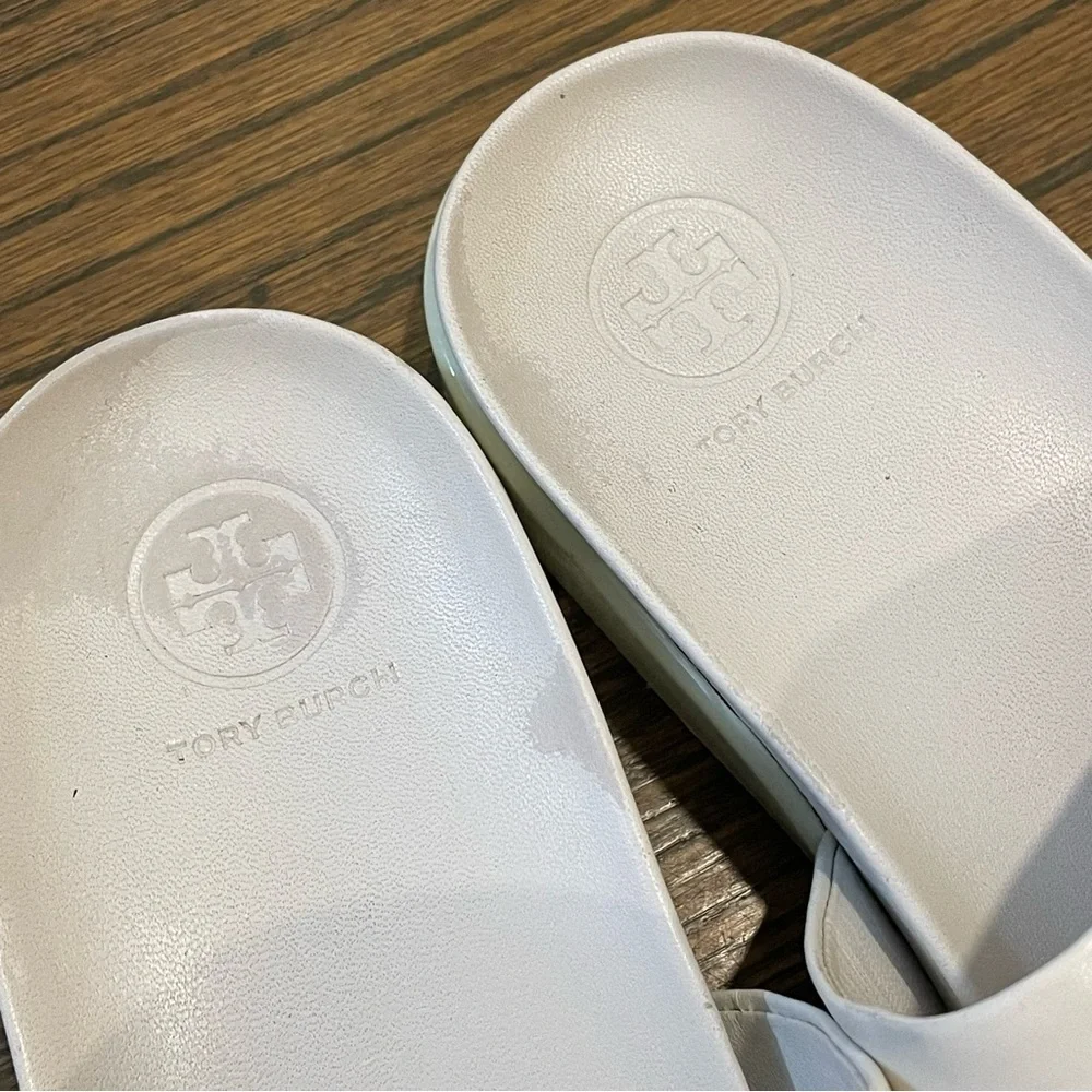 Tory Burch Brae Slides Silver Embellishment Napa Leather Women’s 8.5